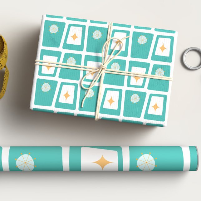 Mid Century Funky Blocks 2 Aqua, Teal and Orange Wrapping Paper Sheet (Creator Uploaded)
