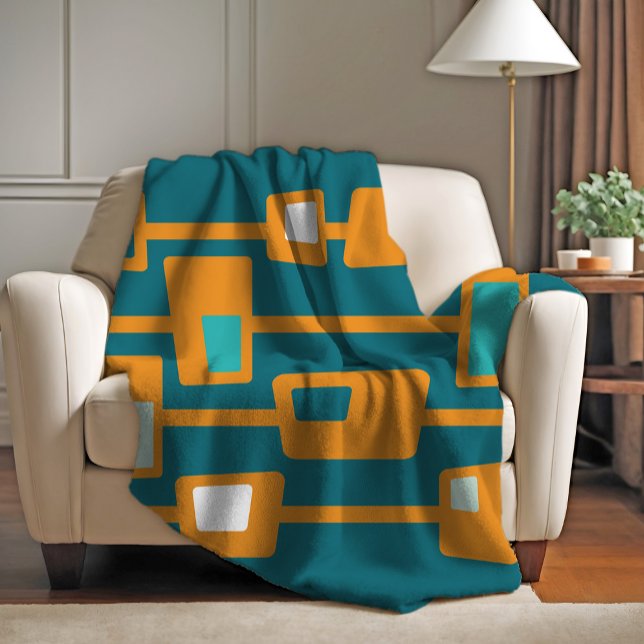 Mid Century Funky Blocks Orange Fleece Blanket (Creator Uploaded)