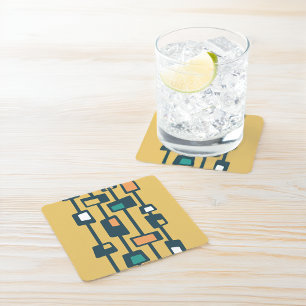 Mid Century Funky Blocks Yellow Square Paper Coaster