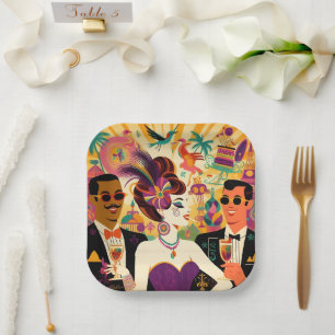 Mid Century Futuristic Mardi Gras Cocktail Party Paper Plate