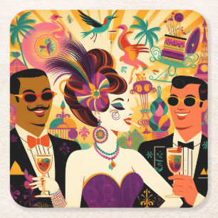 Mid Century Futuristic Mardi Gras Cocktail Party Square Paper Coaster