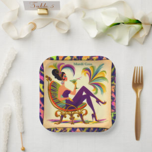 Mid Century Futuristic Mardi Gras Martini Woman Paper Plate