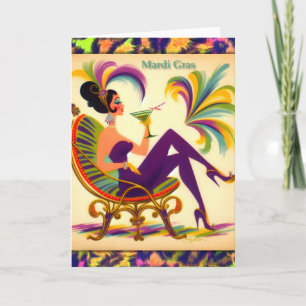 Mid Century Futuristic Mardi Gras Martini Woman Thank You Card