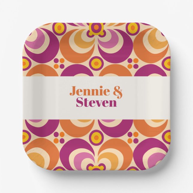 Mid Century Geometric Floral Purple Orange Paper Plate (Front)