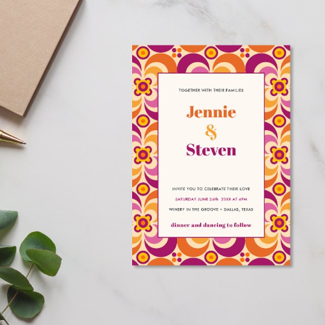 Mid Century Geometric Modern Purple Orange wedding Invitation (Creator Uploaded)