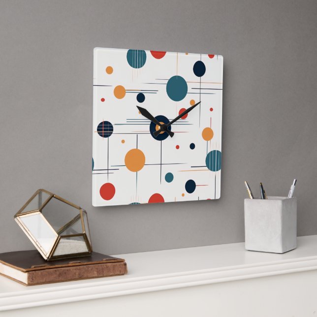 Mid Century Geometric Pattern Square Wall Clock (Office)