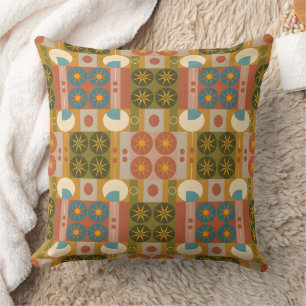 Mid-Century Geometry , Retro Seamless Pattern Throw Pillow