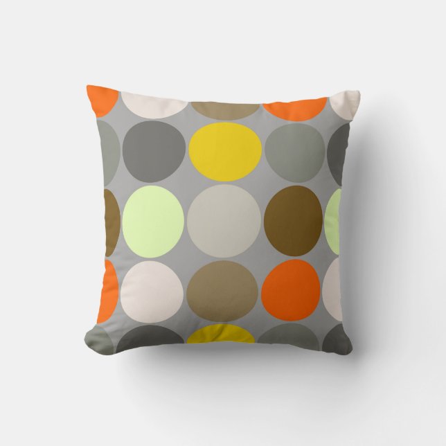 Mid-Century Giant Dots, Grey, Gold and Orange Throw Pillow (Front)