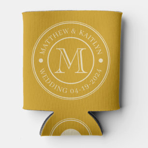 Mid-Century Golden Ochre Wedding Monogram Can Cooler