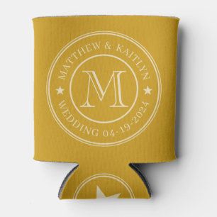 Mid-Century Golden Ochre Wedding Monogram Star Can Cooler