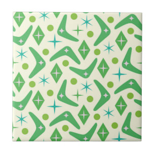 Mid Century Green Boomerangs with Starbursts Tile