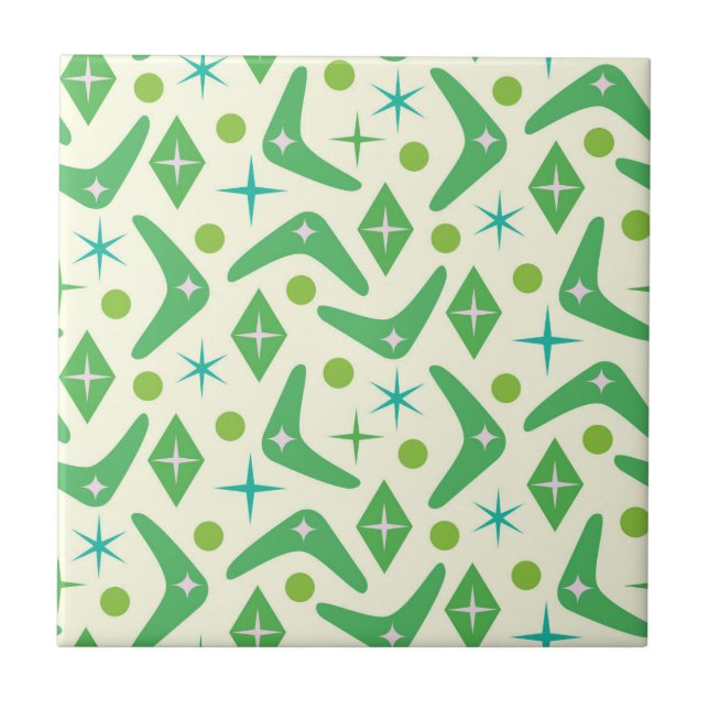 Mid Century Green Boomerangs with Starbursts  Tile (Front)