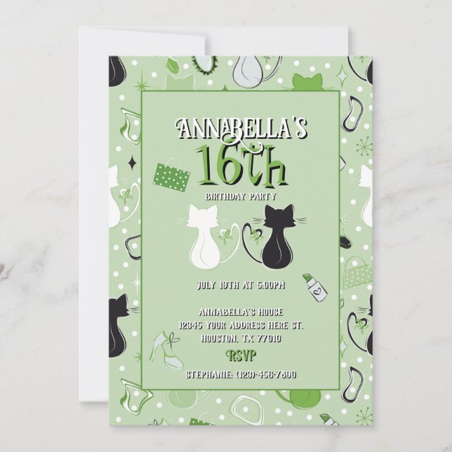 Mid Century Green Heart Cats Birthday Invitation (Front)