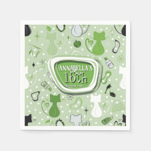 Mid Century Green Heart Cats Birthday  Napkin