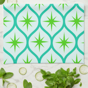 Mid Century Green Starbursts on Ogee Pattern  Kitchen Towel