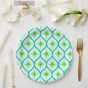 Mid Century Green Starbursts on Ovals Pattern  Paper Plate