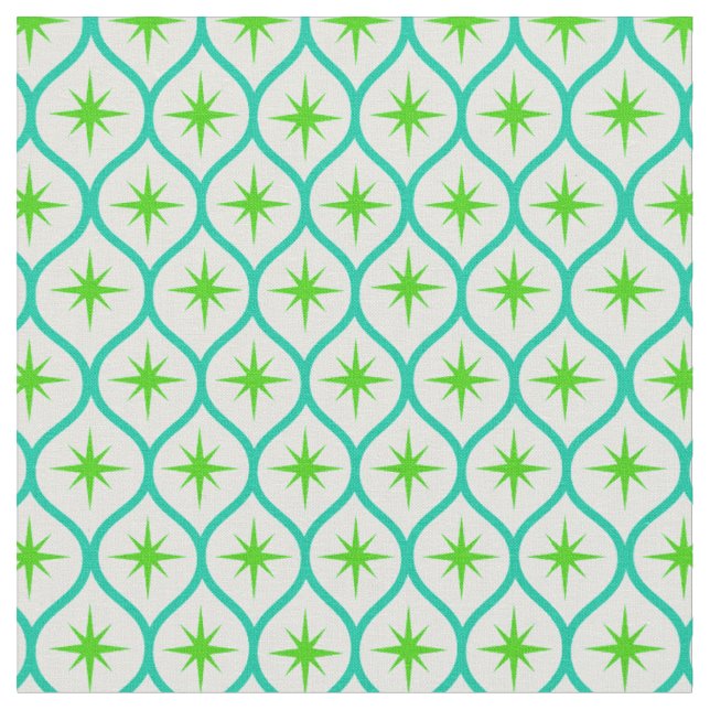 Mid Century Green Starbursts on teal Ovals Pattern Fabric (Close Up)