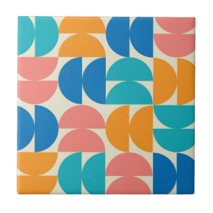 Mid Century Half Circles in Orange teal blue coral Tile