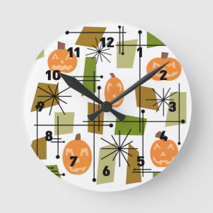 Mid Century Halloween Pumpkins Round Clock