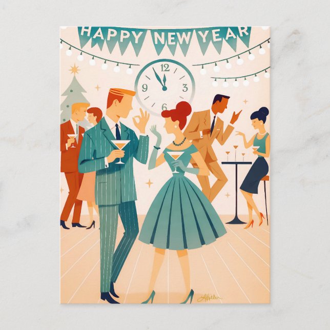 Mid Century Happy New Year The Martini Dance Postcard (Front)