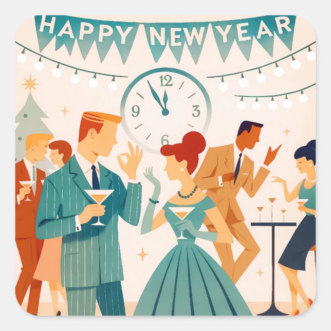 Mid Century Happy New Year The Martini Dance Square Sticker (Front)