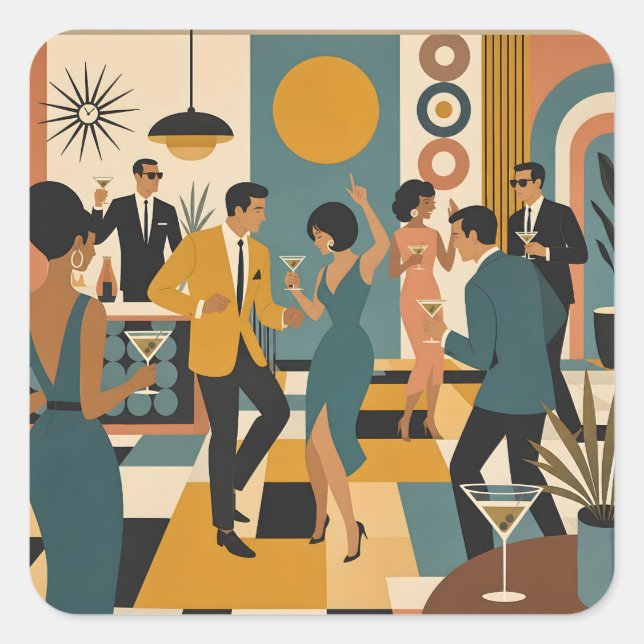 Mid Century Hip Martini Dance Party Square Sticker (Front)