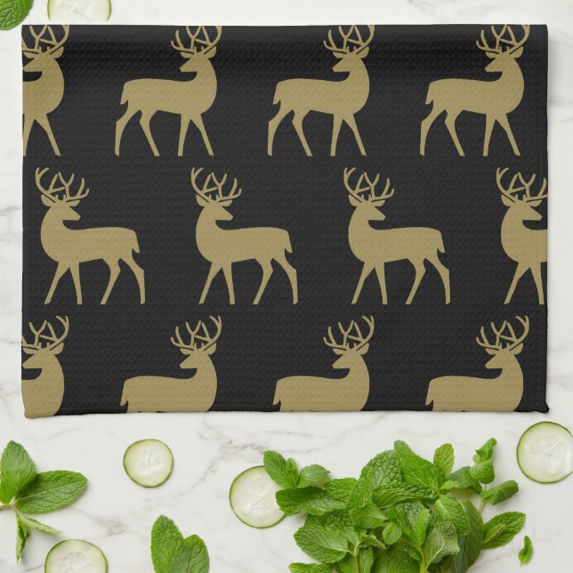 Mid Century Holiday Deer Pattern Black and Gold Kitchen Towel (Folded)