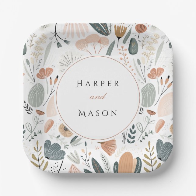 Mid-Century Inspired Botanical Wedding Paper Plate (Front)
