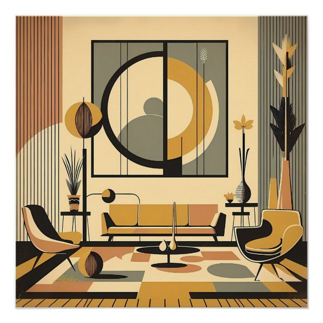 Mid Century Interior Design Autumn Hues Livingroom Poster (Front)