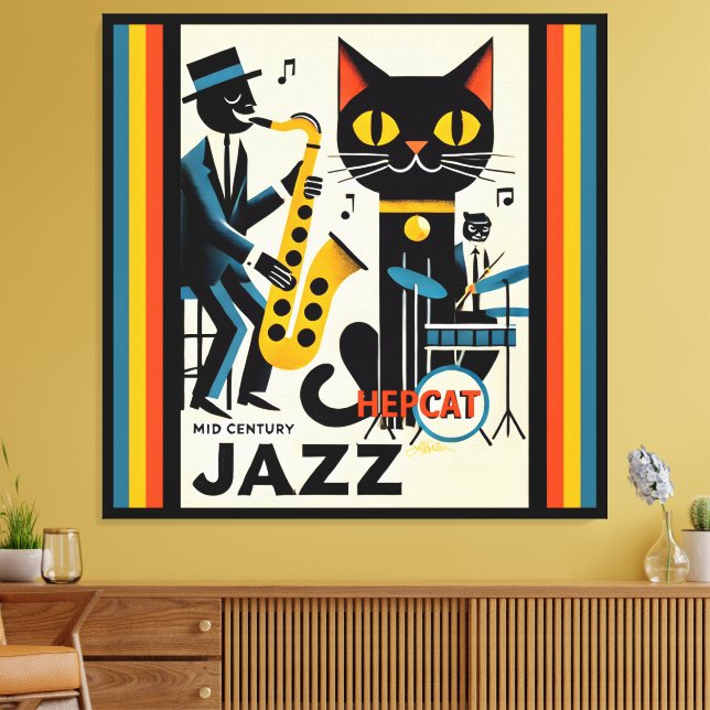 Mid Century Jazz Age HepCat Black Cat Canvas Print (Insitu(LivingRoom))