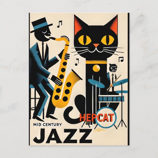 Mid Century Jazz Age HepCat Black Cat Postcard (Front)