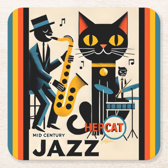 Mid Century Jazz Age HepCat Black Cat Square Paper Coaster (Front)
