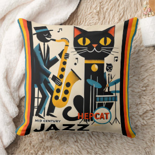 Mid Century Jazz Age HepCat Black Cat Throw Pillow