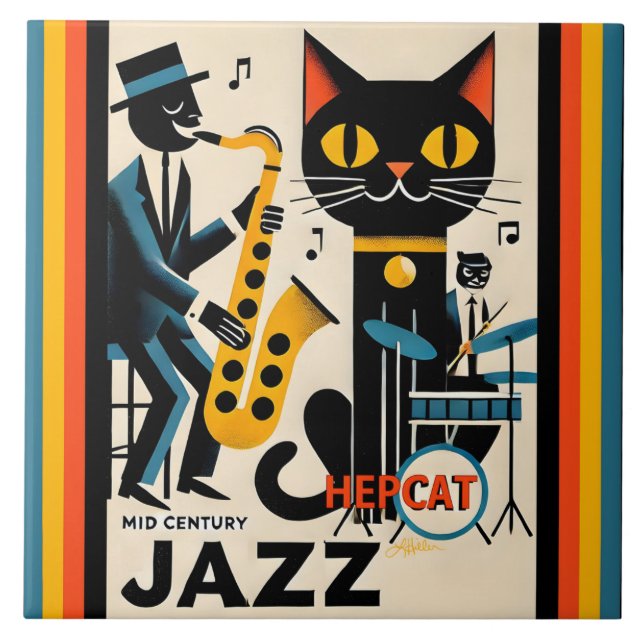 Mid Century Jazz Age HepCat Black Cat Tile (Front)