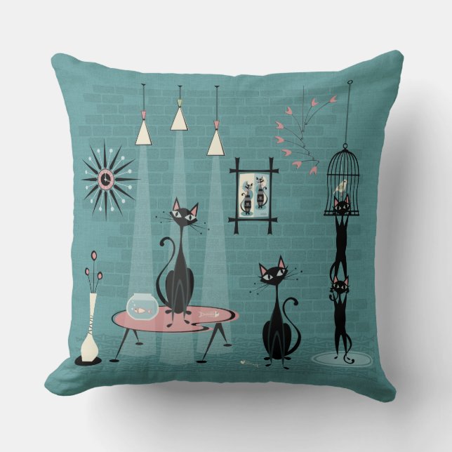 Mid Century Kitty Family Mischief ©studioxtine Throw Pillow (Front)