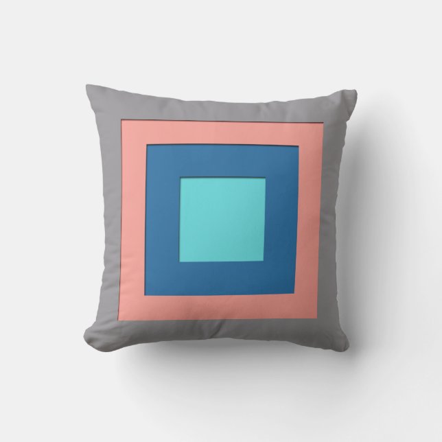 Mid-Century layered squares - grey, peach & blue Throw Pillow (Front)