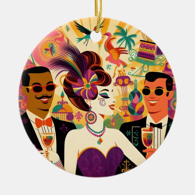 Mid Century Mardi Gras Cocktail Party Ceramic Ornament (Front)