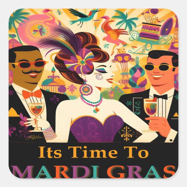 Mid Century Mardi Gras Cocktail Party Square Sticker (Front)