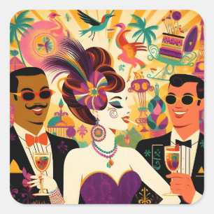 Mid Century Mardi Gras Cocktail Party Square Sticker