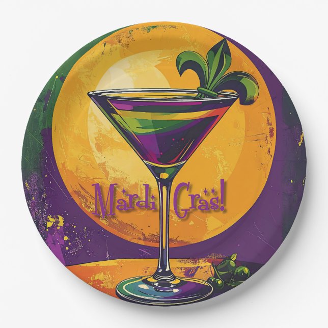 Mid Century Mardi Gras Sunset Fleur De Lis Martini Paper Plate (Front)