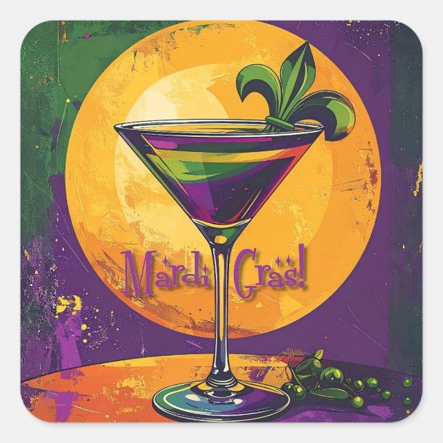 Mid Century Mardi Gras Sunset Fleur De Lis Martini Square Sticker (Front)