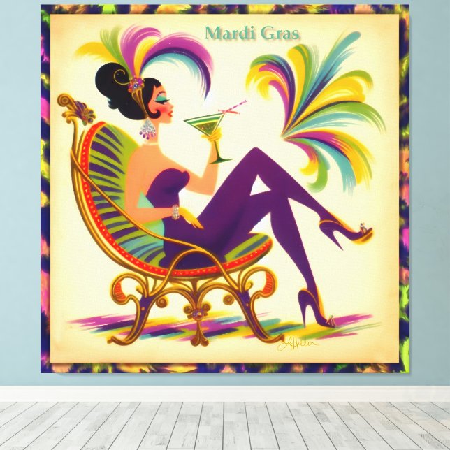 Mid Century Mardi Gras Woman With A Martini Canvas Print (Insitu(Wood Floor))