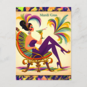 Mid Century Mardi Gras Woman With A Martini Postcard