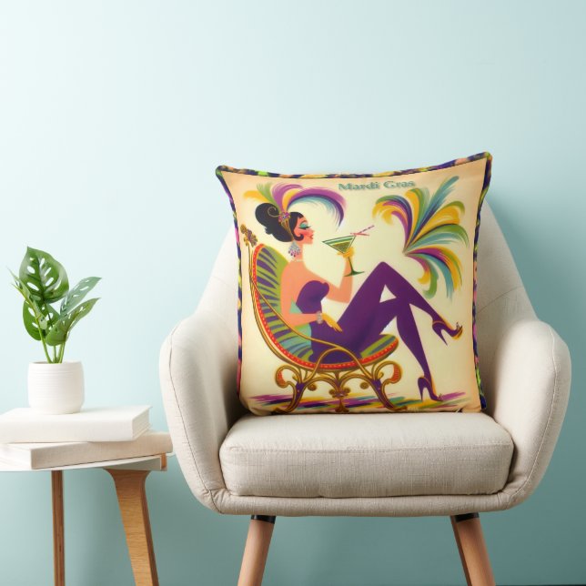 Mid Century Mardi Gras Woman With A Martini Throw Pillow (Chair)