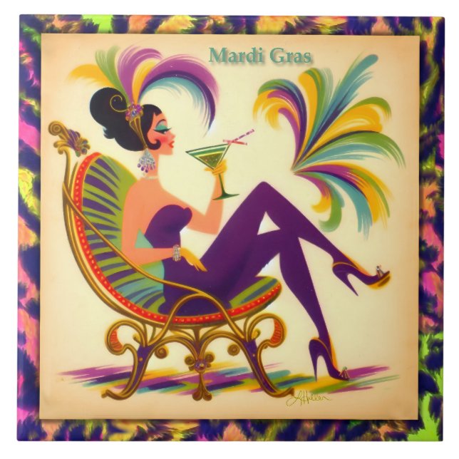 Mid Century Mardi Gras Woman With A Martini Tile (Front)