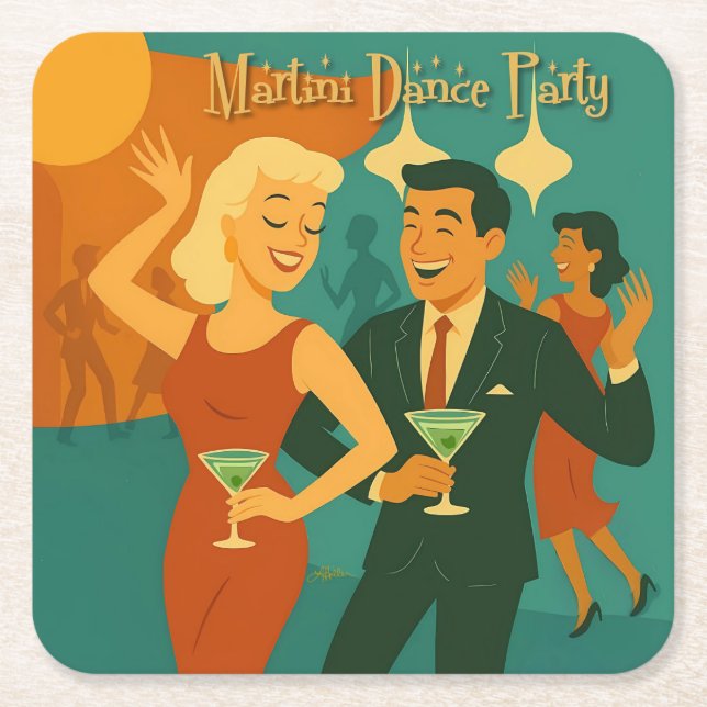 Mid Century Martini Dance Party Square Paper Coaster (Front)