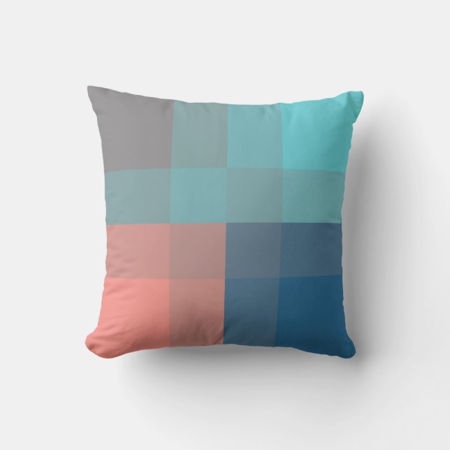 Mid-Century mega plaid - grey, peach & blue Throw Pillow (Front)