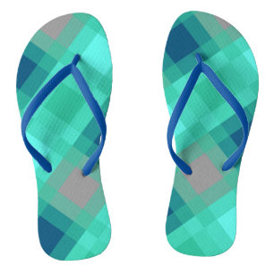 Mid-Century mega plaid - turquoise & grey Flip Flops