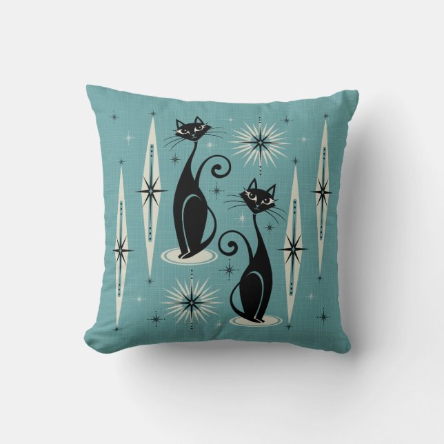 Mid Century Meow on Blue Throw Pillow (Front)