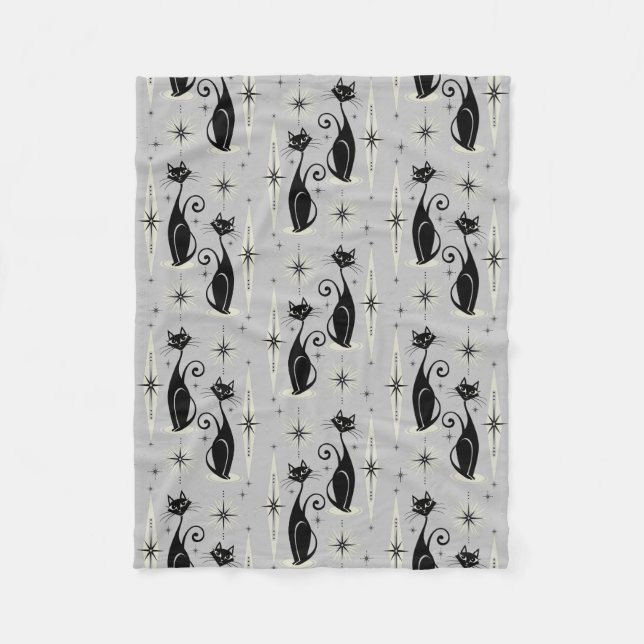 Mid Century Meow on Pale Gray Fleece Blanket (Front)